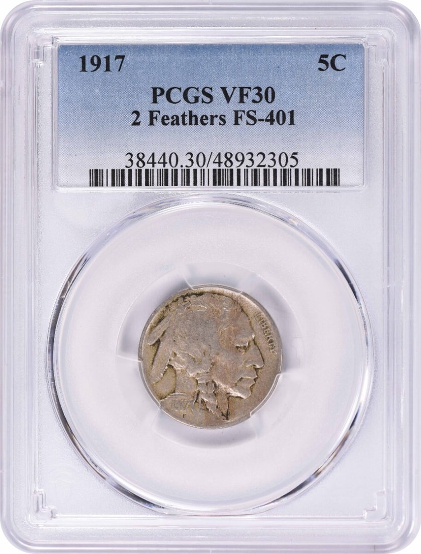 VF30 PCGS 1917 Two Feathers Buffalo Nickel United States 5C: VF30 PCGS 1917 Two Feathers Buffalo Nickel United States 5C This is a 1917 Buffalo Nickel, graded VF30 by PCGS. The coin features the FS-401 2 Feathers variety and is composed of nickel. It was minted