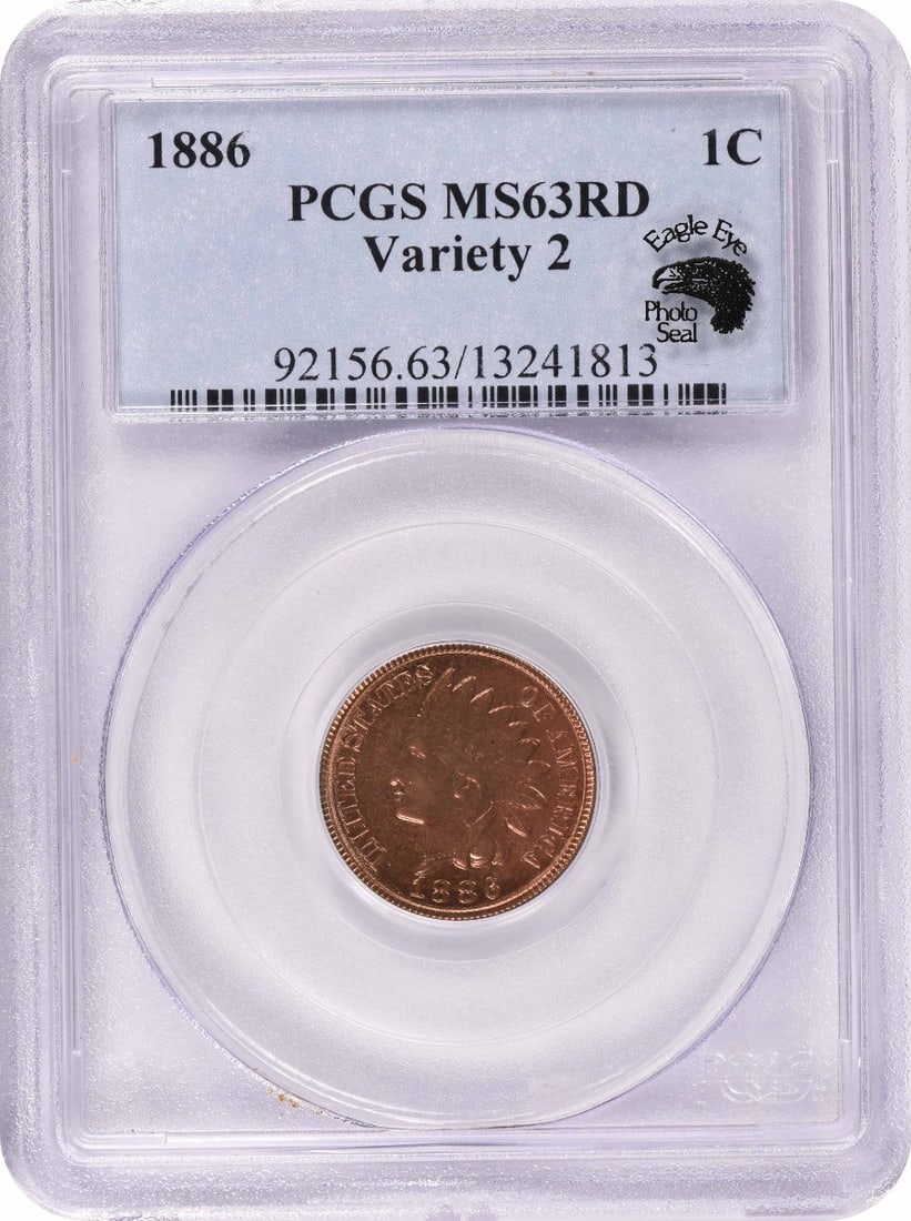 1886 Indian Head Cent MS63RD Certified by PCGS Copper Coin: 1886 Indian Head Cent MS63RD Certified by PCGS Copper Coin This 1886 Indian Cent, graded MS63RD by PCGS, is an uncirculated coin that showcases the classic Indian Head design. With no mint mark, this