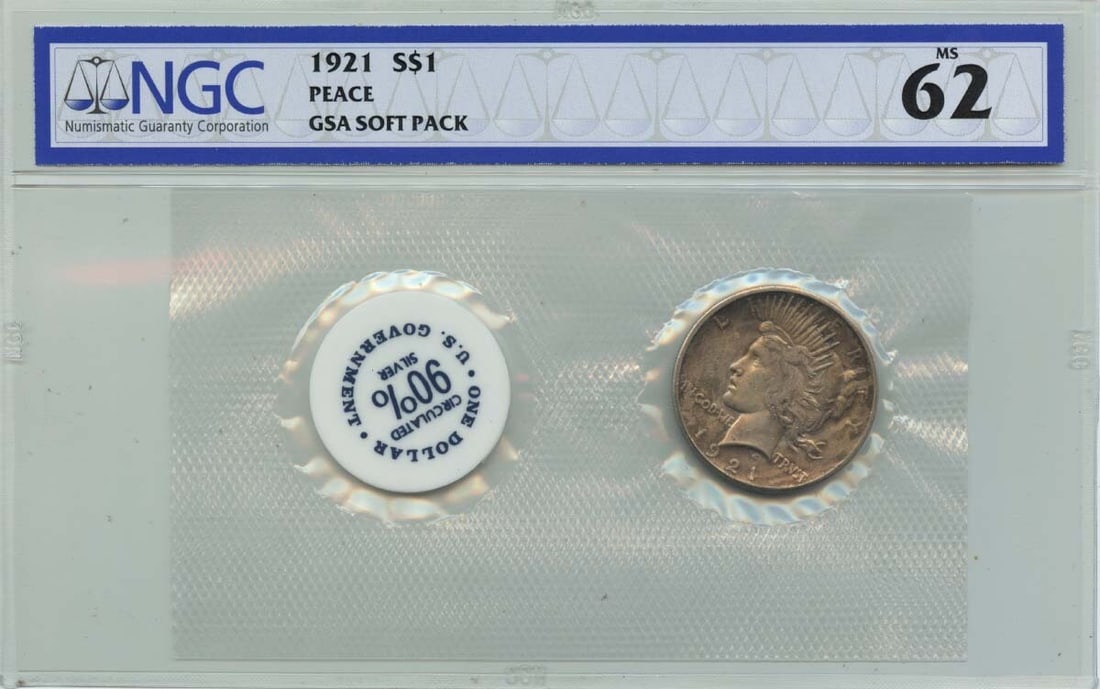 1921 Peace Dollar High Relief NGC MS62 GSA Soft Pack Coin: 1921 Peace Dollar High Relief NGC MS62 GSA Soft Pack Coin This 1921 Peace Dollar is a stunning example of high relief coinage, encapsulated in a GSA soft pack and graded MS62 by NGC. Struck in Philade