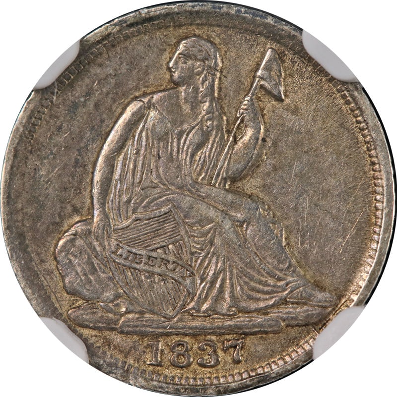1837 Seated Liberty Half Dime Small Date NGC AU55 Silver Coin: 1837 Seated Liberty Half Dime Small Date NGC AU55 Silver Coin This 1837 Seated Liberty Half Dime features a small date and exhibits great eye appeal with a strong strike. The coin is certified by NGC