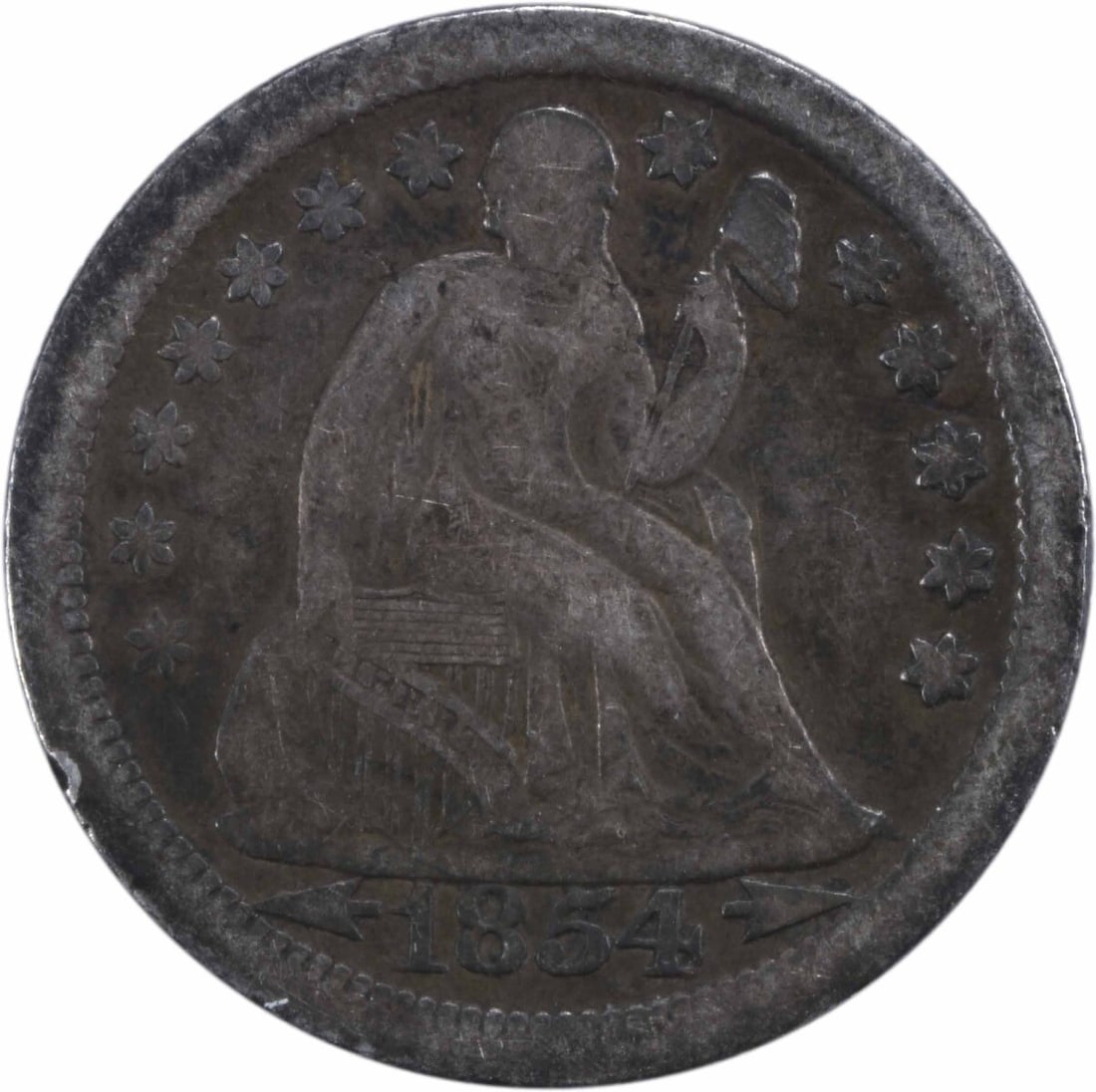 1854-O Liberty Seated Silver Dime VF Uncertified 10C New Orleans: 1854-O Liberty Seated Silver Dime VF Uncertified 10C New Orleans This 1854-O Liberty Seated Silver Dime, featuring the iconic design by Robert Ball Hughes and Christian Gobrecht, is a remarkable piece