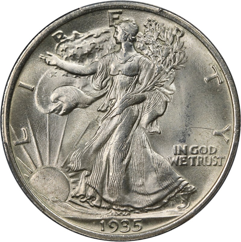 1935-P Walking Liberty Half PCGS MS65 Great Luster and Strike: 1935-P Walking Liberty Half PCGS MS65 Great Luster and Strike This stunning 1935-P Walking Liberty Half showcases remarkable eye appeal and exceptional luster. Graded MS65 by PCGS, it features a nice