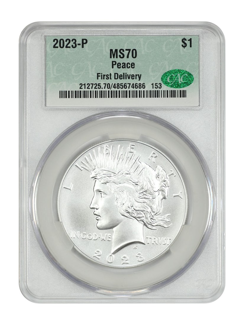 CACG MS70 2023 Philadelphia Peace Dollar First Delivery: CACG MS70 2023 Philadelphia Peace Dollar First Delivery This 2023-P Peace Dollar is a modern commemorative coin graded MS70 by CACG. It is uncirculated and was struck at the Philadelphia Mint. This co