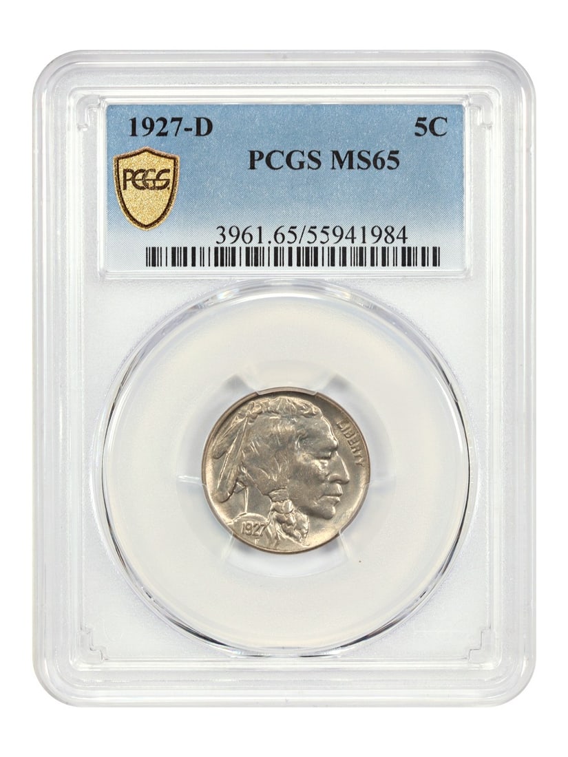 PCGS MS65 1927 Denver Five Cent Buffalo Nickel Certified Coin: PCGS MS65 1927 Denver Five Cent Buffalo Nickel Certified Coin This 1927-D Buffalo Nickel features the classic Native American and buffalo designs. Graded MS65 by PCGS, the coin is uncirculated and dis