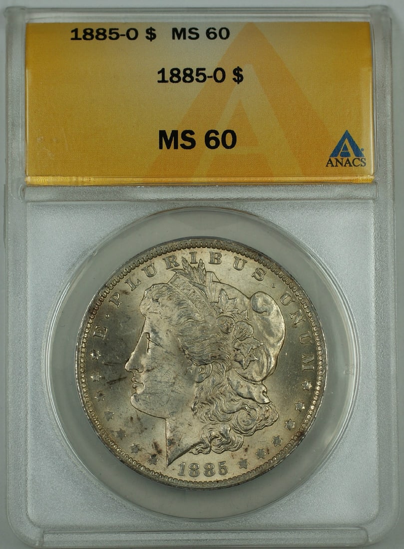 Uncirculated 1885-O Silver Morgan Dollar ANACS MS-60 New Orleans Mint: Uncirculated 1885-O Silver Morgan Dollar ANACS MS-60 New Orleans Mint This 1885-O Morgan Silver Dollar is certified by ANACS with a grade of MS 60, indicating an uncirculated coin of choice quality. M