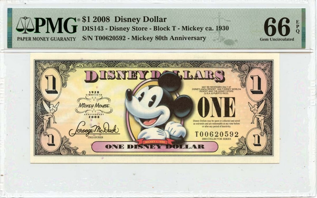 2008 Disney Dollar Mickey 80th Anniversary PMG Gem 66 EPQ: 2008 Disney Dollar Mickey 80th Anniversary PMG Gem 66 EPQ Celebrate Mickey Mouse's 80th anniversary with this stunning 2008 Disney Dollar. This collectible note is graded PMG Gem 66 EPQ, ensuring its