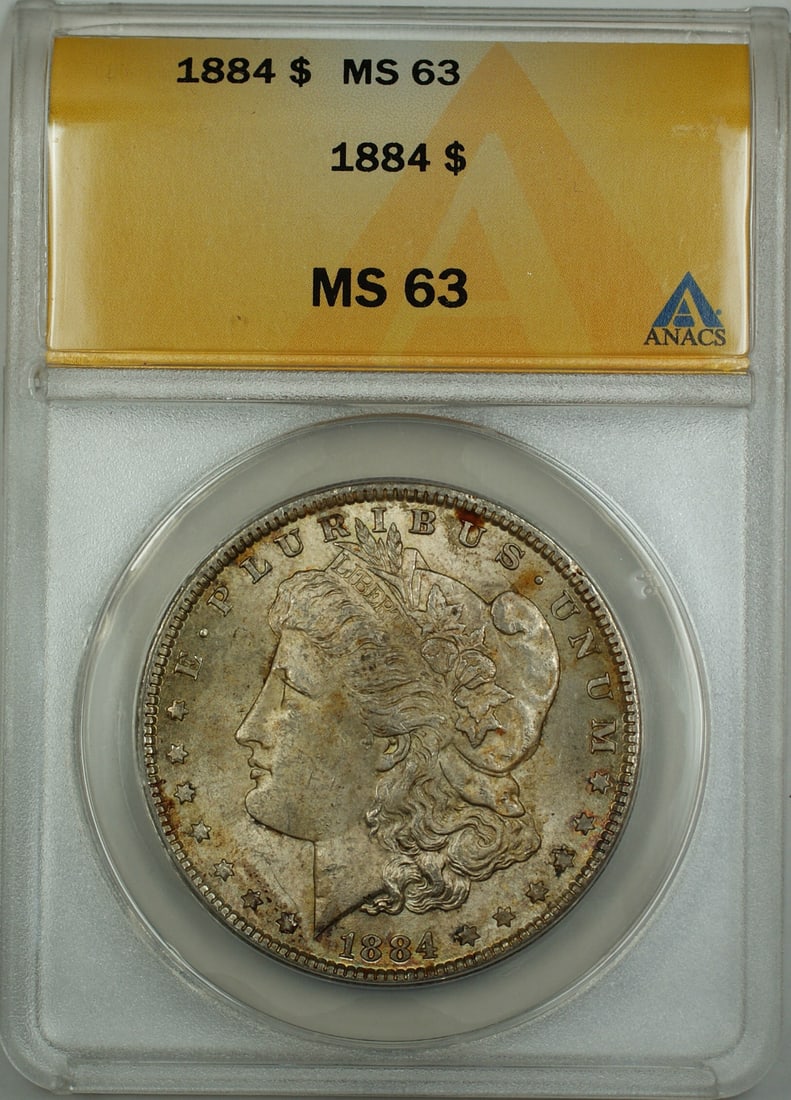 ANACS MS-63 1884 Morgan Silver Dollar Philadelphia Mint Light Toning: ANACS MS-63 1884 Morgan Silver Dollar Philadelphia Mint Light Toning This 1884 Morgan Silver Dollar is certified by ANACS with a grade of MS-63, indicating uncirculated condition. The coin features li
