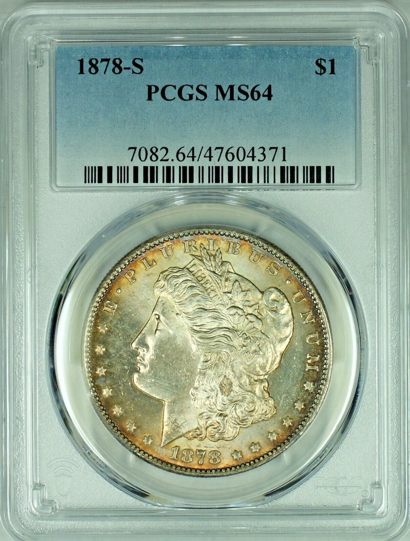 PCGS MS 64 1878-S Morgan Silver Dollar With Toning: PCGS MS 64 1878-S Morgan Silver Dollar With Toning This 1878-S Morgan Silver Dollar is an uncirculated coin with attractive toning, certified by PCGS with a grade of MS 64. Minted in the United States
