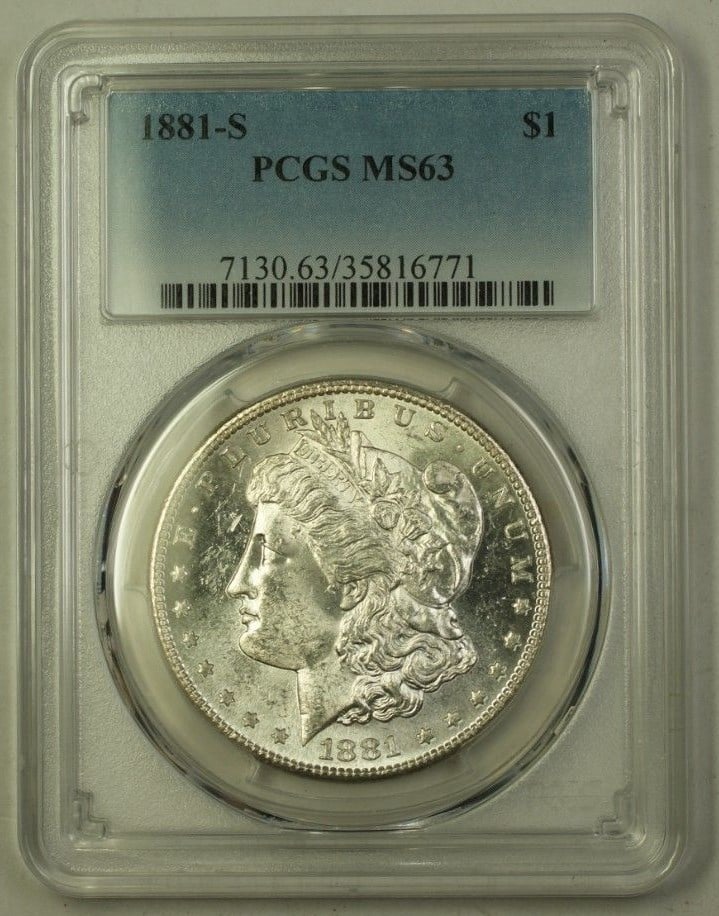 PCGS MS-63 1881-S Morgan Dollar Silver $1 San Francisco Mint Coin: PCGS MS-63 1881-S Morgan Dollar Silver $1 San Francisco Mint Coin This is an 1881-S US Morgan Silver Dollar featuring a $1 denomination. The coin was minted in San Francisco and is composed of silver.