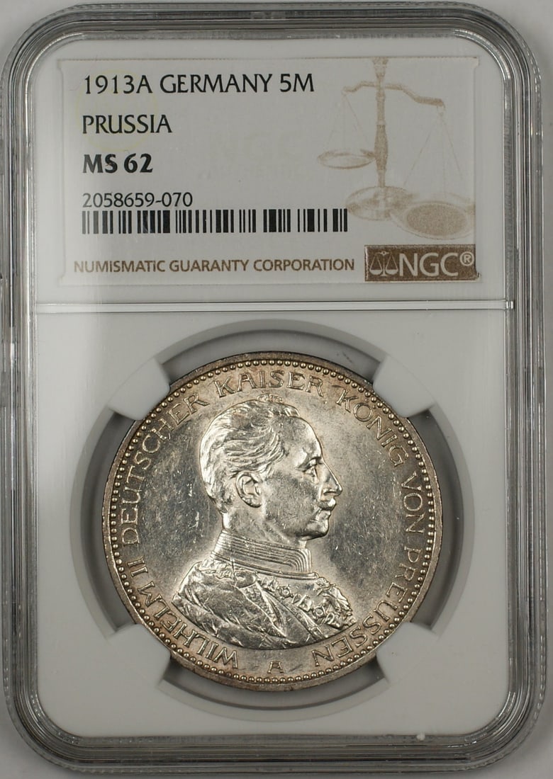 NGC Certified 1913A Prussia 5 Mark Silver Coin MS 62 Germany: NGC Certified 1913A Prussia 5 Mark Silver Coin MS 62 Germany This 1913A Germany Prussia 5 Marks coin is composed of silver and has been certified by NGC with a grade of MS 62. The coin is uncirculated