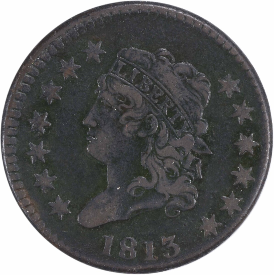 1813 Large Cent Classic Head Copper Coin by John Reich: 1813 Large Cent Classic Head Copper Coin by John Reich This 1813 Large Cent features a classic head design by John Reich, showcasing historical artistry from the Philadelphia Mint. Graded as VF (Very