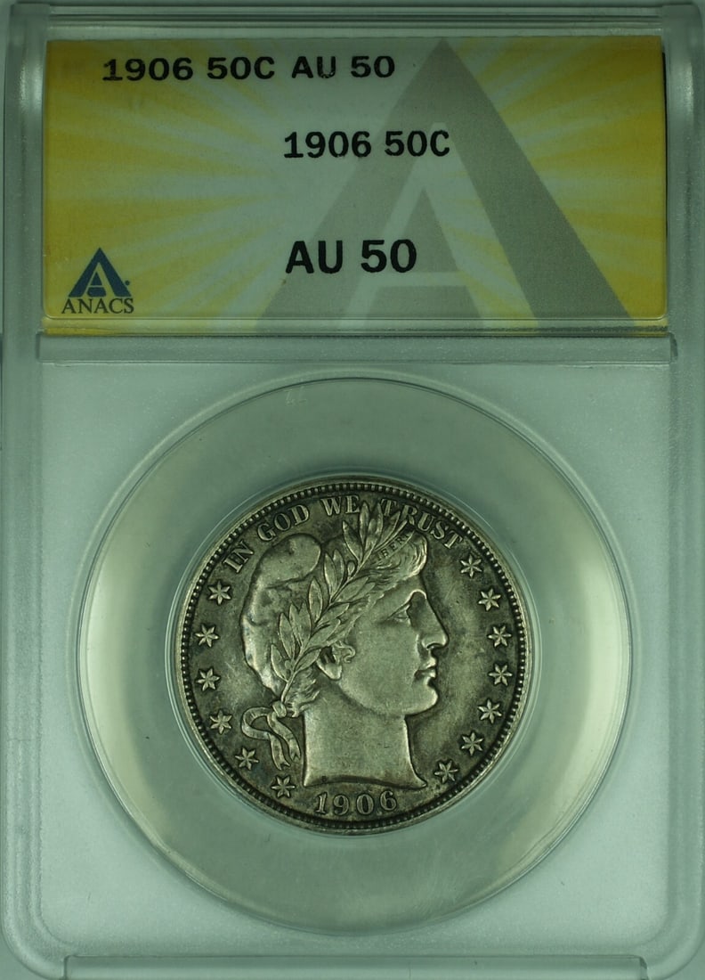 ANACS AU-50 Graded 1906 Barber Silver Half Dollar Coin: ANACS AU-50 Graded 1906 Barber Silver Half Dollar Coin This 1906 Barber Silver Half Dollar is graded AU-50 by ANACS and features a composition of 90% silver. Minted in Philadelphia, this pre-owned coi