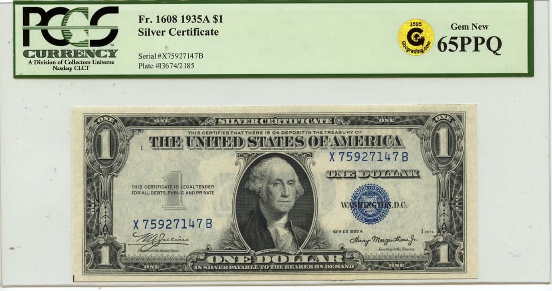 1935A $1 Silver Certificate FR#1608 PCGS Gem 65 PPQ: 1935A $1 Silver Certificate FR#1608 PCGS Gem 65 PPQ This 1935A $1 Silver Certificate (FR#1608) is a stunning example of currency history, certified by PCGS Currency with a grade of Gem Uncirculated 65