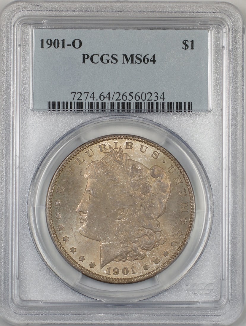 PCGS MS-64 1901-O Morgan Silver Dollar New Orleans Mint Toned: PCGS MS-64 1901-O Morgan Silver Dollar New Orleans Mint Toned This 1901-O Morgan Silver Dollar is a $1 coin certified by PCGS with a grade of MS 64. The coin is uncirculated and features attractive to