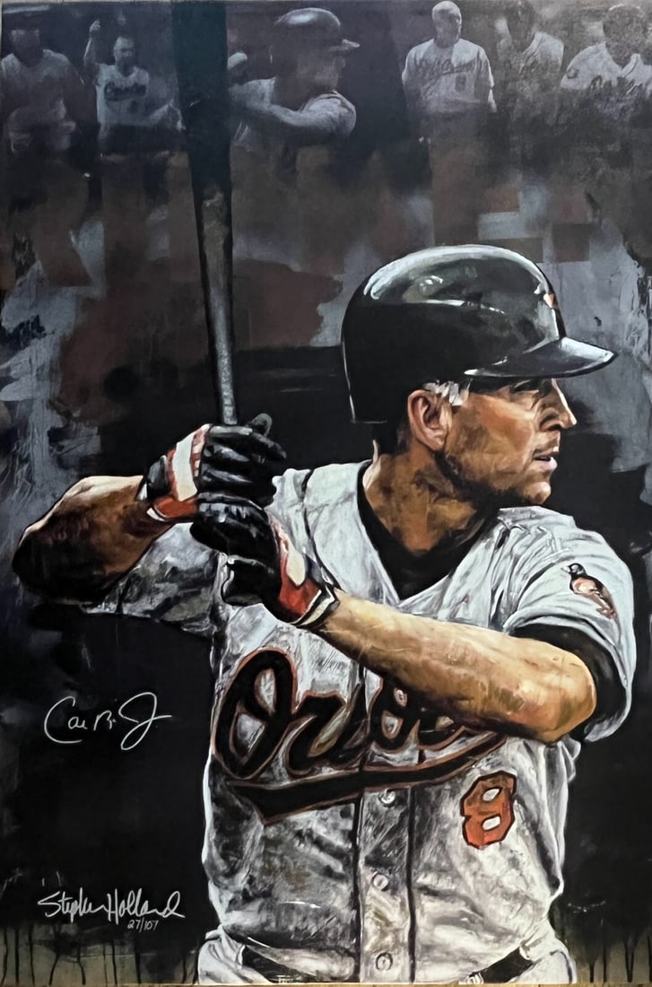 Cal Ripken Jr Signed Limited Edition Canvas #27 of 107 by Stephen Holland: Cal Ripken Jr Signed Limited Edition Canvas #27 of 107 by Stephen Holland Celebrate the legacy of baseball legend Cal Ripken Jr. with this stunning limited edition canvas by renowned artist Stephen Ho