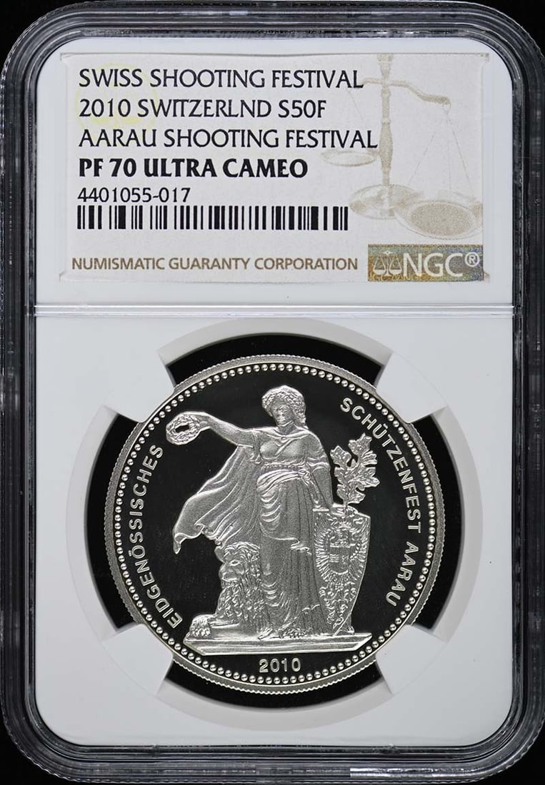 2010 Switzerland Aarau Shooting Festival S50F NGC PR70DCAM Coin: 2010 Switzerland Aarau Shooting Festival S50F NGC PR70DCAM Coin This 2010 Switzerland Aarau Shooting Festival coin is graded PR70 by NGC, indicating it is of the highest quality with no imperfections