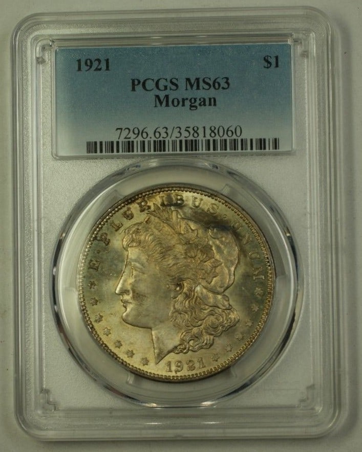 PCGS MS-63 1921 Morgan Dollar Silver Coin From Philadelphia: PCGS MS-63 1921 Morgan Dollar Silver Coin From Philadelphia This 1921 US Morgan Silver Dollar is graded MS-63 by PCGS and features attractive toning. Struck in silver at the Philadelphia Mint, this co
