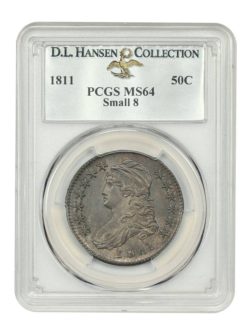 1811 Capped Bust Half Dollar 50C PCGS MS64 Small 8 D.L. Hansen: 1811 Capped Bust Half Dollar 50C PCGS MS64 Small 8 D.L. Hansen This 1811 Capped Bust Half Dollar, graded MS64 by PCGS, features a stunning gunmetal grey surface with captivating hints of golden color.