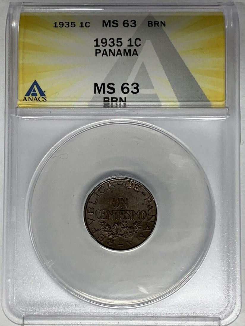 1935 Panama 1 Centesimo ANACS MS 63 Brown Certified Coin: 1935 Panama 1 Centesimo ANACS MS 63 Brown Certified Coin This 1935 Panama 1 Centesimo coin has been certified by ANACS with a grade of MS 63 BN. It features the denomination of Centesimo and is presen