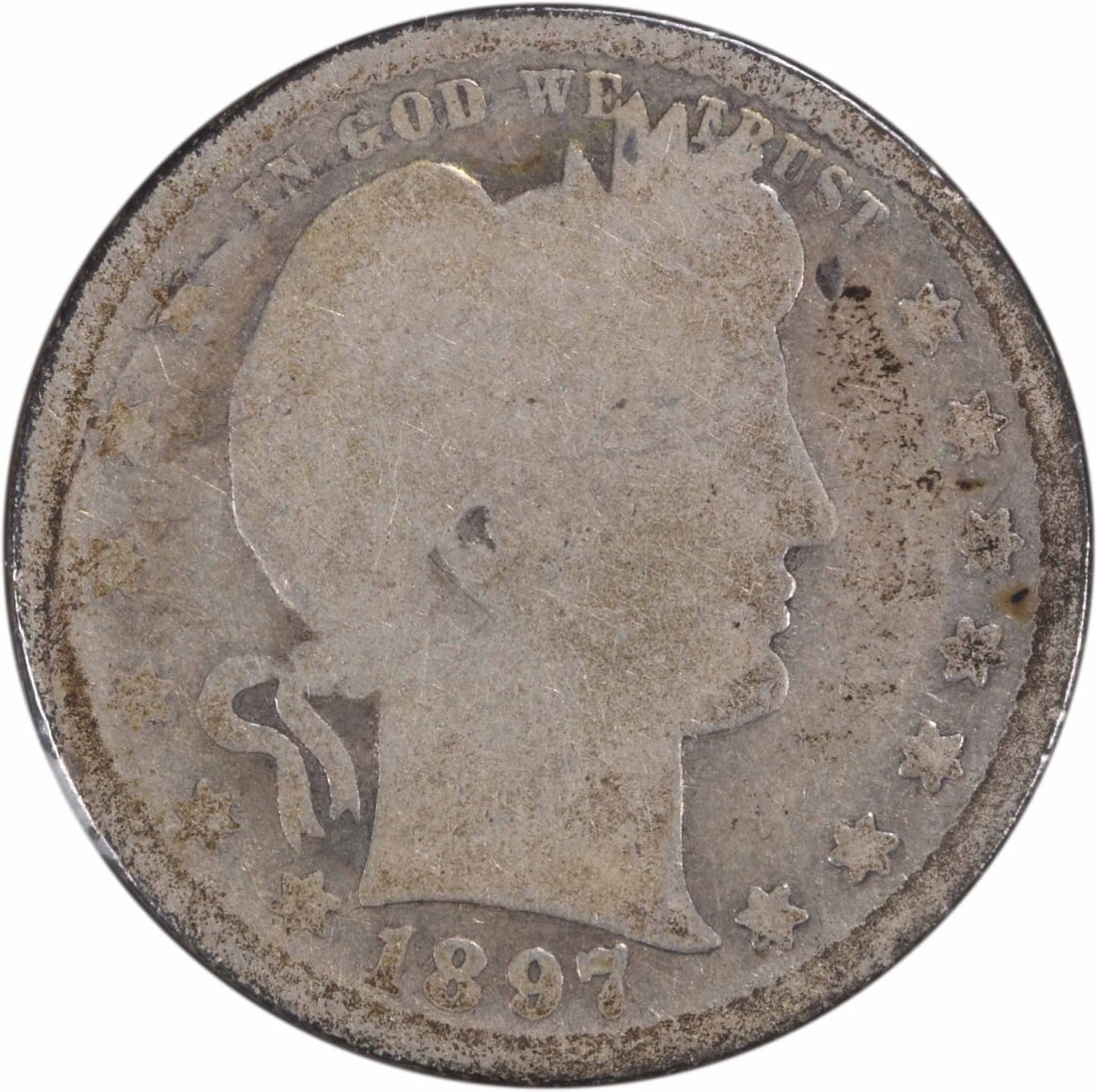 1897 San Francisco Barber Quarter AG Grade Uncertified Silver Coin: 1897 San Francisco Barber Quarter AG Grade Uncertified Silver Coin This 1897-S Barber Silver Quarter is a circulated coin featuring a centered mint mark from the San Francisco Mint. Designed by Charle