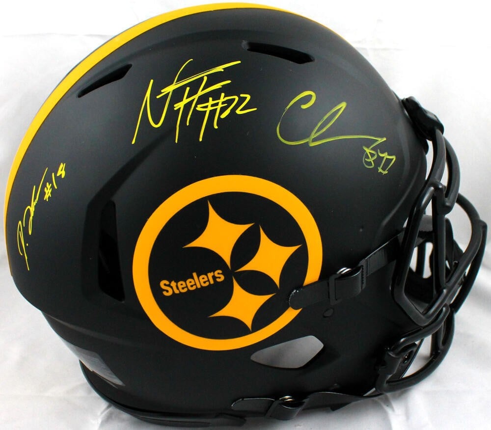 Chase Claypool Diontae Johnson Najee Harris Signed Steelers Helmet Beckett Authenticated: Chase Claypool Diontae Johnson Najee Harris Signed Steelers Helmet Beckett Authenticated This authentic Pittsburgh Steelers Eclipse Speed full-size helmet showcases the signatures of three standout pl