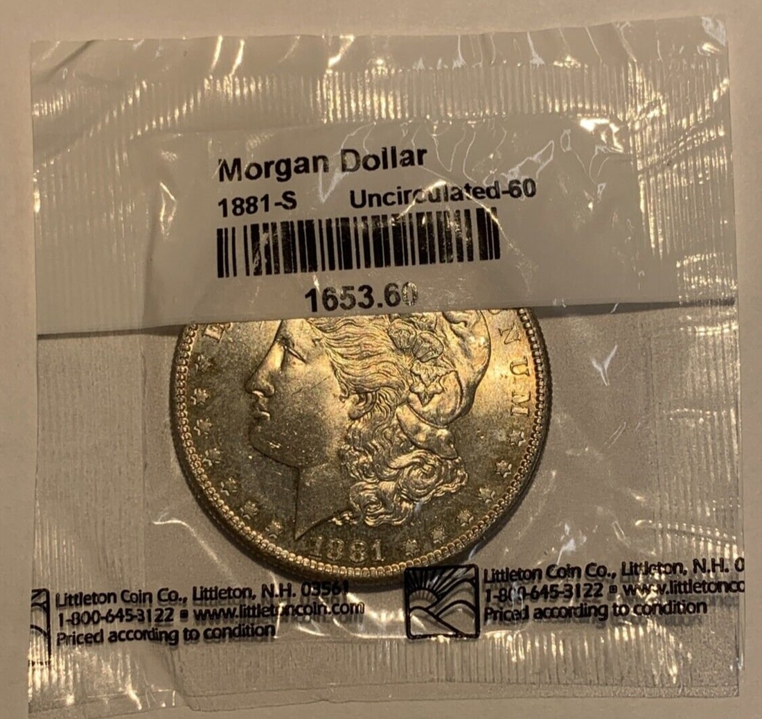Toned Uncirculated 1881-S Morgan Silver Dollar from San Francisco with Littleton: Toned Uncirculated 1881-S Morgan Silver Dollar from San Francisco with Littleton This is an 1881-S Morgan Silver Dollar from the San Francisco Mint, featuring attractive toning. The coin is uncirculat