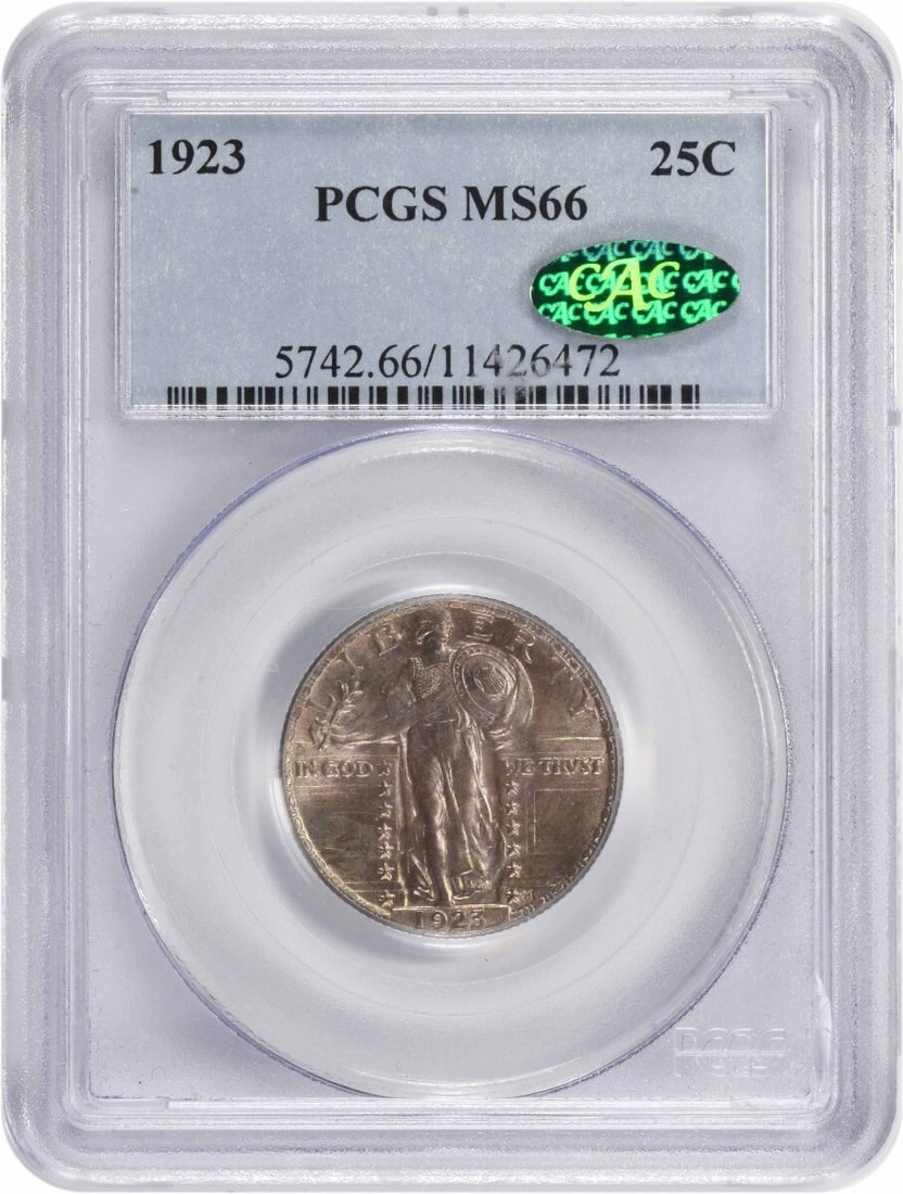 1923 Standing Liberty Silver Quarter MS66 PCGS CAC Approved: 1923 Standing Liberty Silver Quarter MS66 PCGS CAC Approved This 1923 Standing Liberty Silver Quarter is a remarkable example of numismatic craftsmanship, certified by PCGS with a high grade of MS66.