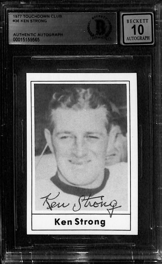 Ken Strong 1977 Touchdown Club #36 Signed Card Beckett Grade 10: Ken Strong 1977 Touchdown Club #36 Signed Card Beckett Grade 10 This is a 1977 Touchdown Club #36 sports trading card featuring a bold black ballpoint pen signature from Ken Strong, a legendary member