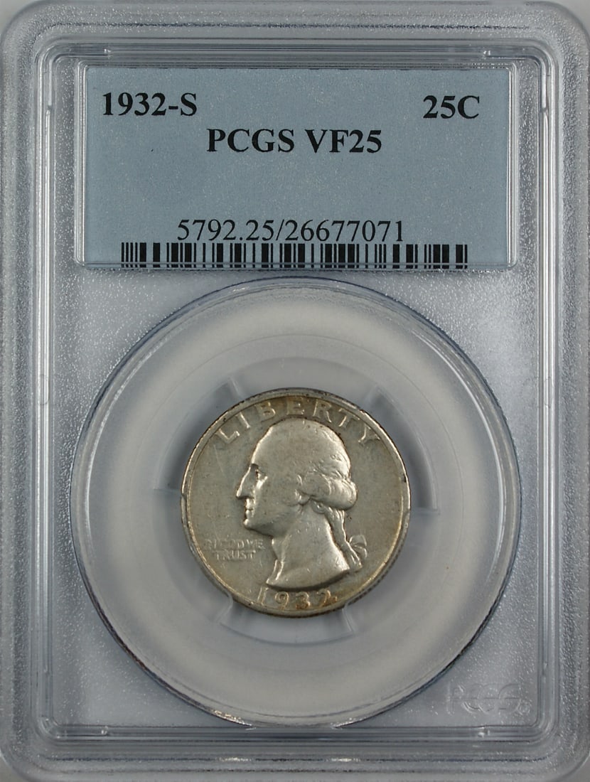 PCGS VF-25 San Francisco 1932-S Silver Washington Quarter Semi-Key Date: PCGS VF-25 San Francisco 1932-S Silver Washington Quarter Semi-Key Date This 1932-S Washington Quarter is composed of silver and was minted in San Francisco. Graded VF-25 by PCGS, it is considered a s