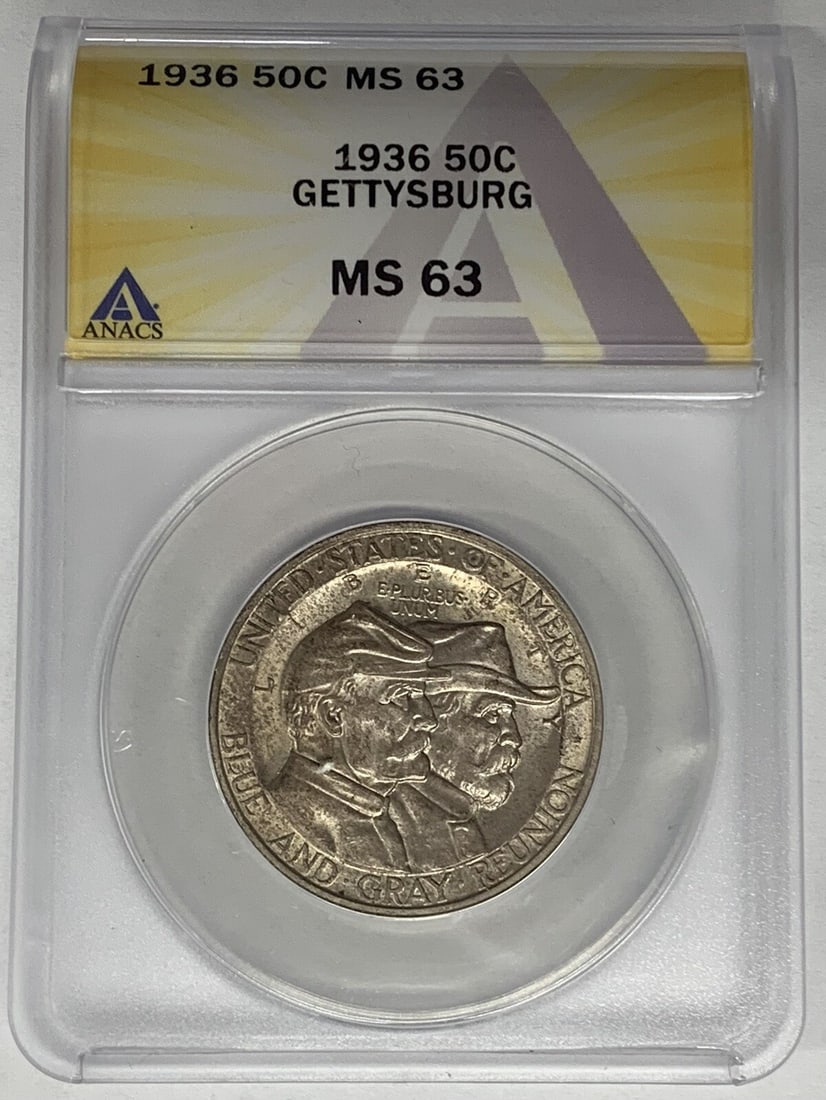 Gettysburg 1936 Silver Half Dollar ANACS MS 63 Commemorative Coin: Gettysburg 1936 Silver Half Dollar ANACS MS 63 Commemorative Coin This is a 1936 Gettysburg Commemorative Half Dollar, graded MS 63 by ANACS. Produced in the United States, this uncirculated silver co