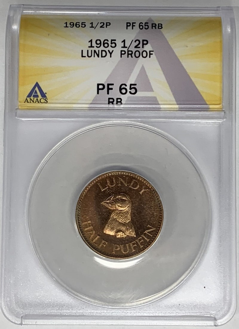 ANACS PR 65 RB 1965 Half Puffin Coin from Lundy: ANACS PR 65 RB 1965 Half Puffin Coin from Lundy This is a 1965 Lundy Half Puffin coin from the United Kingdom, certified by ANACS with a grade of PR 65 and a red-brown (RB) color designation. The coin