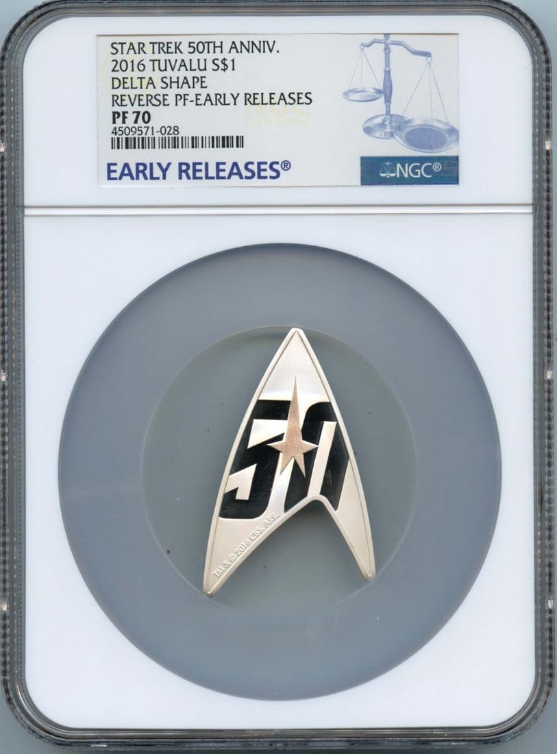 2016 Tuvalu Delta Shape ER Star Trek S$1 NGC RP70: 2016 Tuvalu Delta Shape ER Star Trek S$1 NGC RP70 This 2016 Tuvalu Delta Shape ER coin features a unique design inspired by Star Trek, encapsulating the spirit of exploration and adventure. Certified