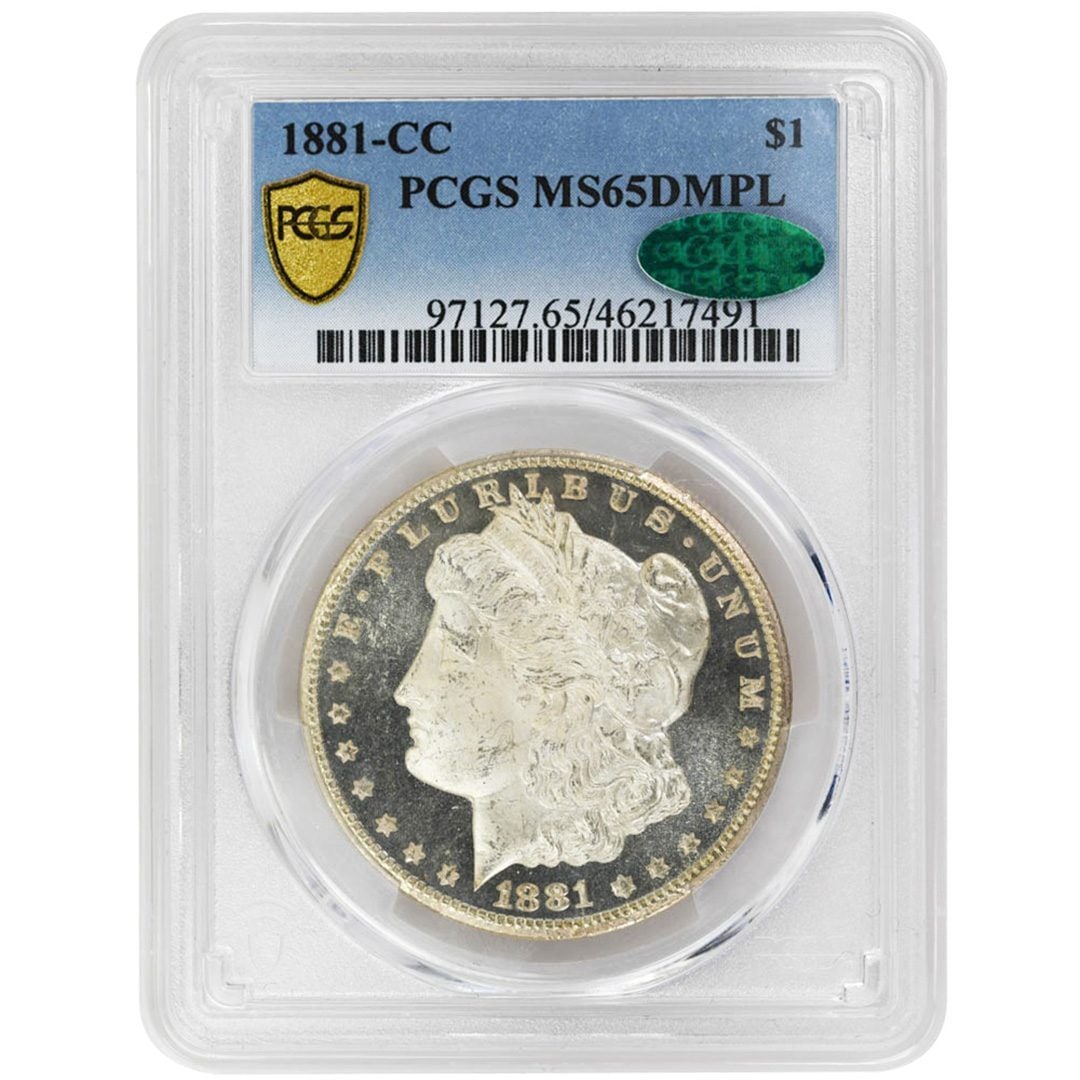 PCGS CAC MS65DMPL 1881-CC Morgan Silver Dollar Carson City Mint: PCGS CAC MS65DMPL 1881-CC Morgan Silver Dollar Carson City Mint This 1881-CC Morgan Dollar is a rare, uncirculated silver coin minted in Carson City. Certified by PCGS and CAC as MS65DMPL, it features