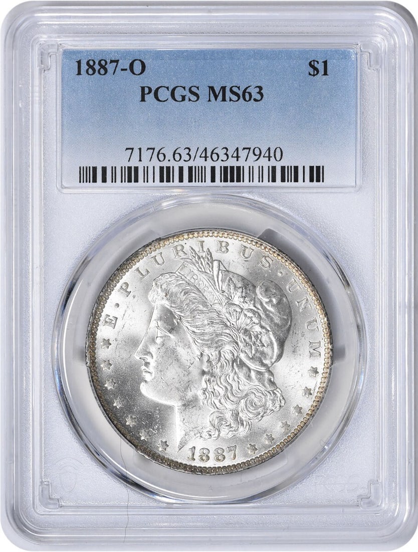 1887-O Morgan Silver Dollar MS63 PCGS Uncirculated Coin: 1887-O Morgan Silver Dollar MS63 PCGS Uncirculated Coin This 1887-O Morgan Silver Dollar is a remarkable piece of numismatic history, featuring a stunning design by George T. Morgan. Graded MS63 by PC