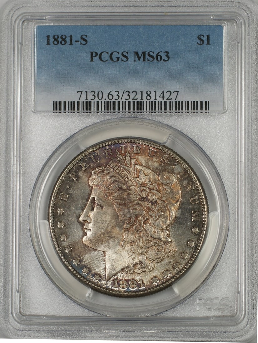 PCGS MS63 1881 San Francisco Morgan Dollar Silver Coin With Toning: PCGS MS63 1881 San Francisco Morgan Dollar Silver Coin With Toning This 1881-S Morgan Silver Dollar is certified by PCGS with a grade of MS-63. The coin features attractive toning, was minted in San F