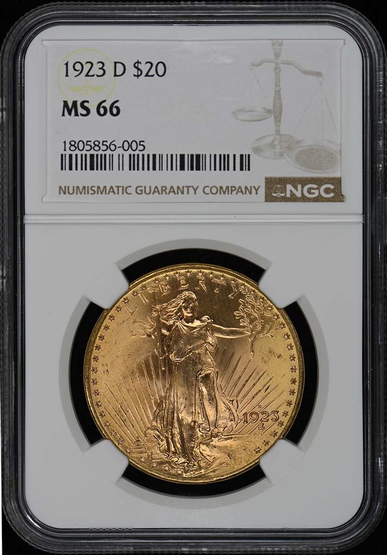 NGC MS66 1923-D Saint-Gaudens Twenty Dollar Gold Coin: NGC MS66 1923-D Saint-Gaudens Twenty Dollar Gold Coin This 1923-D Saint-Gaudens $20 gold coin has been certified by NGC with a grade of MS66. Struck at the Denver Mint, this uncirculated coin is a pre