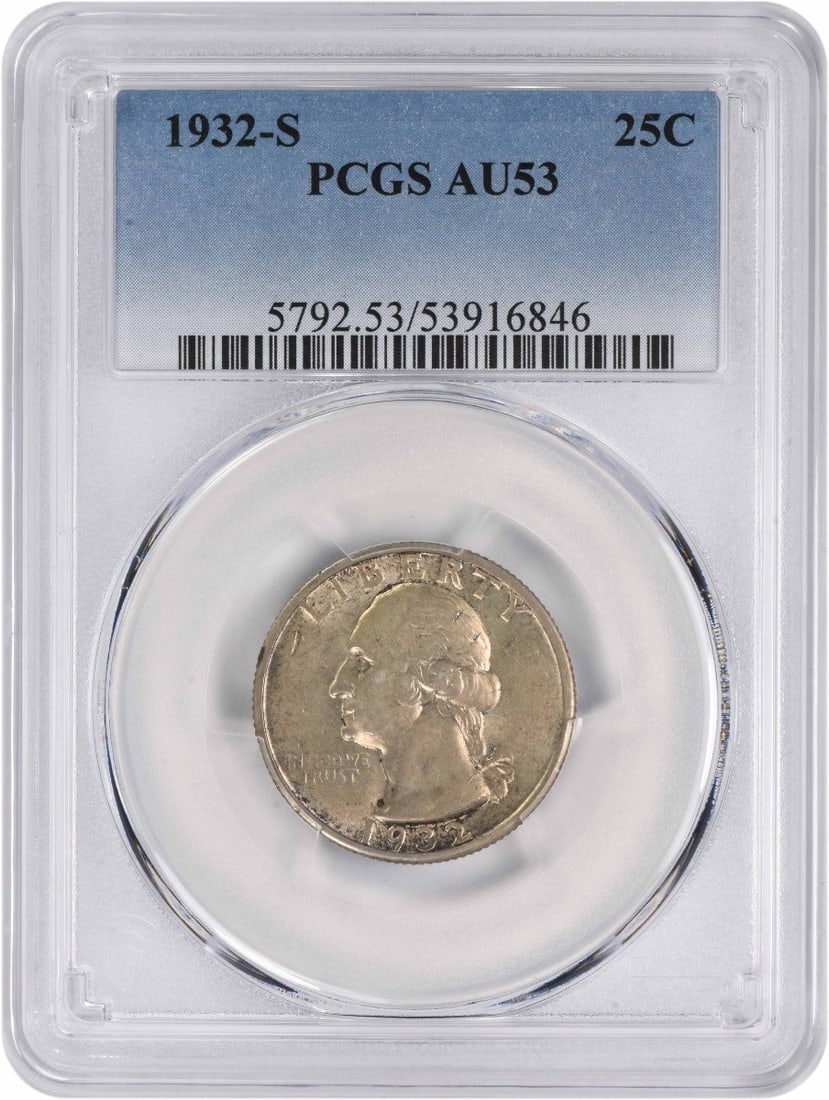1932-S Washington Silver Quarter AU53 PCGS Certified 90% Silver: 1932-S Washington Silver Quarter AU53 PCGS Certified 90% Silver This 1932-S Washington Silver Quarter is a stunning piece of American numismatic history. Struck in 1932 at the San Francisco Mint, this