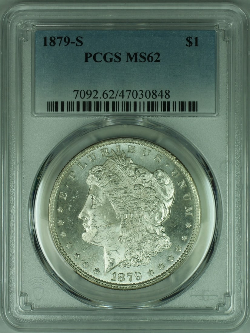 PCGS MS-62 1879-S Morgan Silver Dollar Semi Prooflike San Francisco Mint: PCGS MS-62 1879-S Morgan Silver Dollar Semi Prooflike San Francisco Mint This 1879-S Morgan Silver Dollar features semi proof-like surfaces and is graded MS-62 by PCGS. Struck at the San Francisco Min