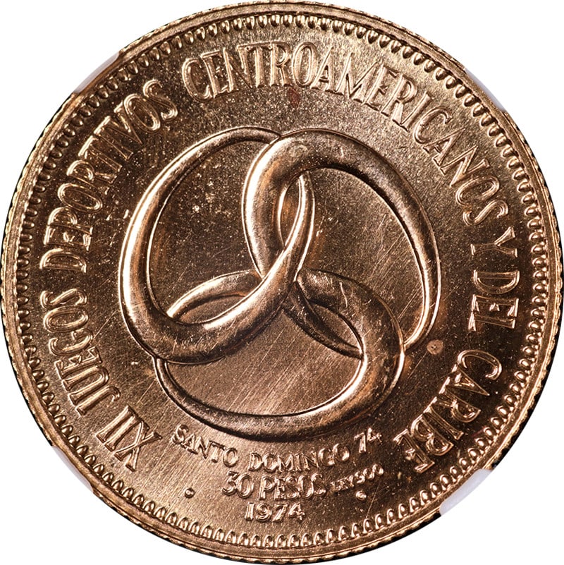 1974 Gold 30 Pesos Dominican Republic Central American Games NGC MS67 Coin: 1974 Gold 30 Pesos Dominican Republic Central American Games NGC MS67 Coin This is an original 1974 Dominican Republic 30 Pesos gold coin commemorating the Central American Games. Certified by NGC wit