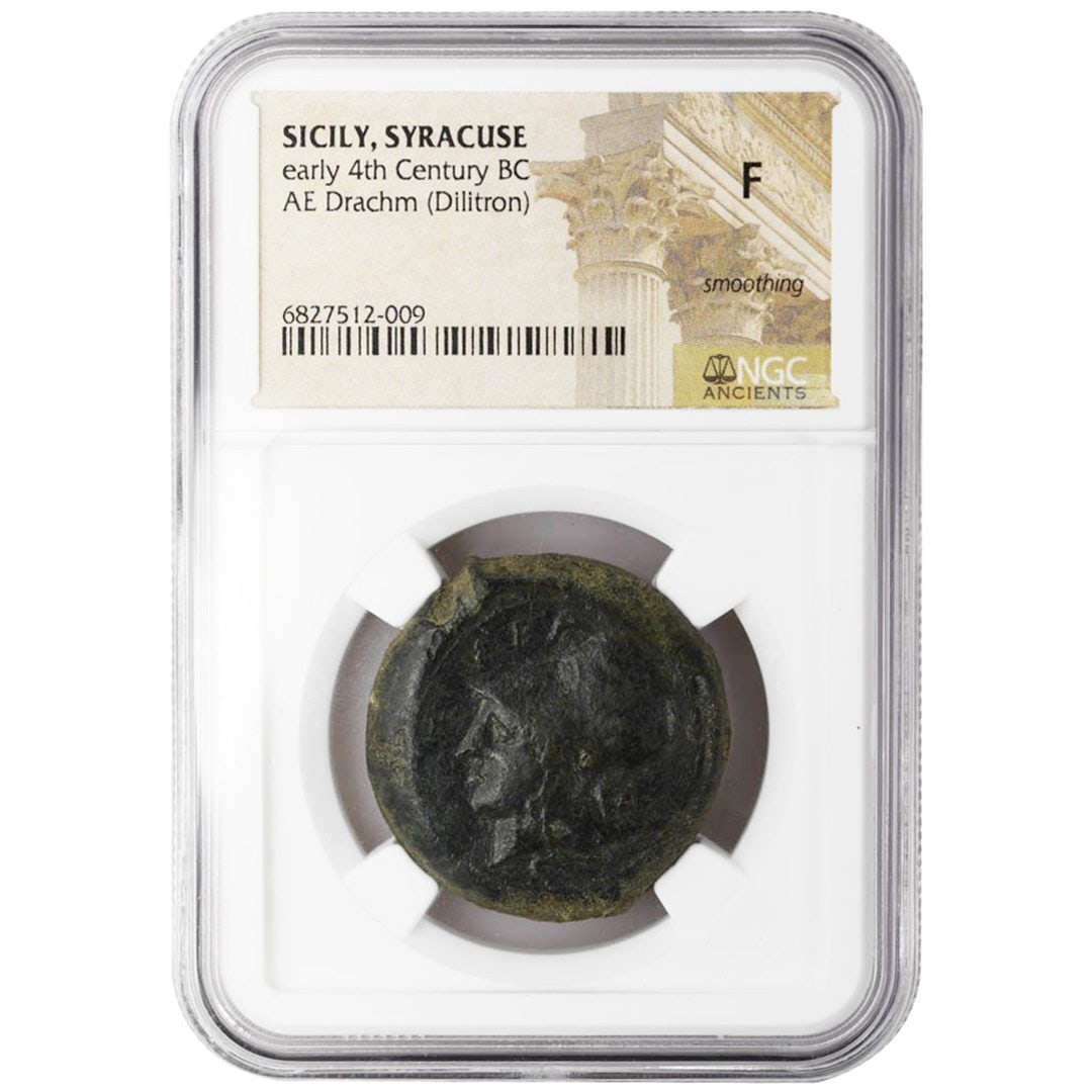 Rare Early 4th Century Syracuse AE Drachm Dilitron NGC F Bronze Coin: Rare Early 4th Century Syracuse AE Drachm Dilitron NGC F Bronze Coin This rare early 4th century AE Drachm (Dilitron) from Syracuse, Sicily, is a remarkable collectible for numismatists. Struck in bro