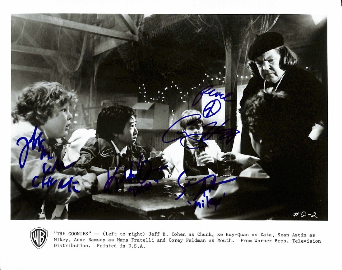 The Goonies 4x Signed 8x10 Photo Beckett Authenticated: The Goonies 4x Signed 8x10 Photo Beckett Authenticated This is an autographed 8x10 black and white photo still from the classic film The Goonies, featuring signatures from the main cast. Signed by act
