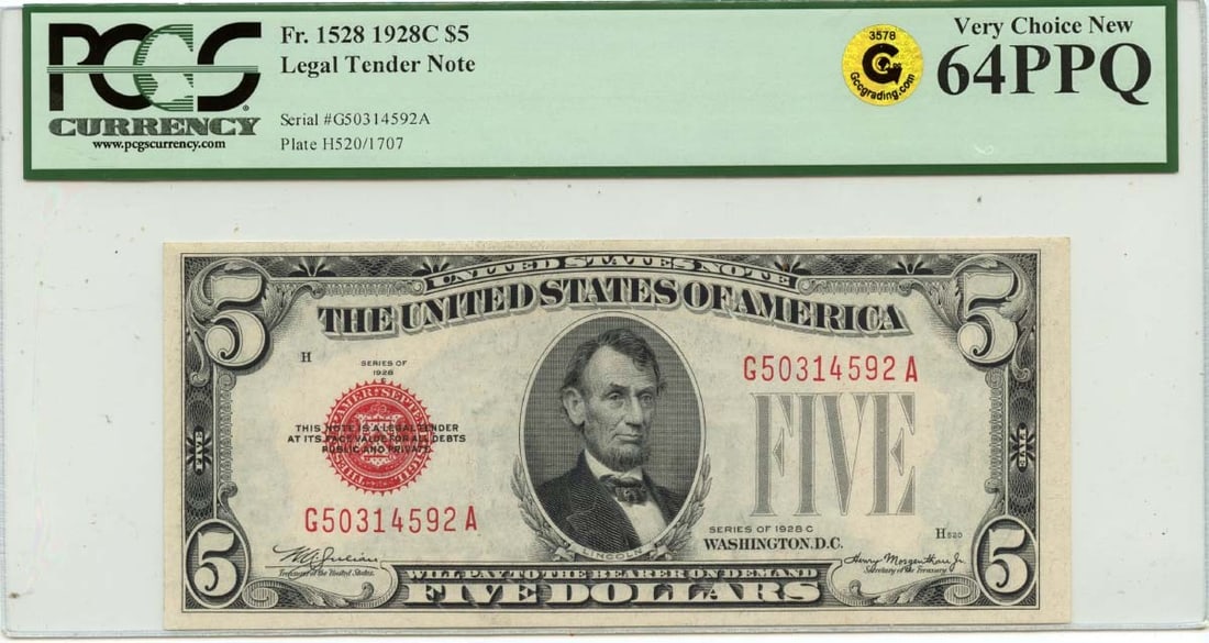 1928C $5 Legal Tender Note FR#1528 PCGS MS64 Uncirculated: 1928C $5 Legal Tender Note FR#1528 PCGS MS64 Uncirculated This 1928C $5 Legal Tender Note, designated as FR#1528, is certified by PCGS Currency with a grade of MS64. It is an uncirculated note, showca