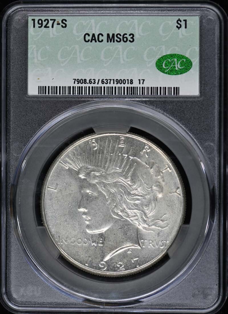 1927-S Peace Dollar CACG MS63 Certified Uncirculated Coin: 1927-S Peace Dollar CACG MS63 Certified Uncirculated Coin This 1927-S $1 Peace Dollar is graded MS63 by CACG, indicating its uncirculated condition. Struck at the San Francisco Mint, this coin is a gr
