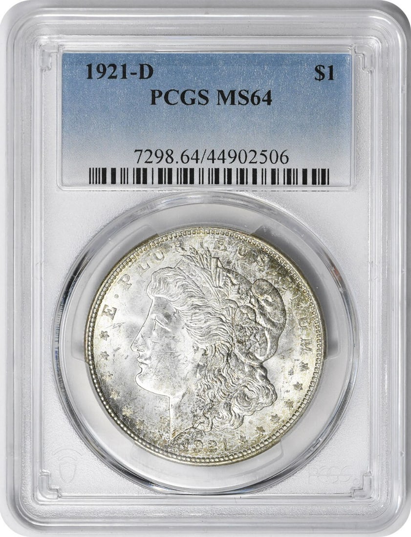 MS64 PCGS 1921 Denver Morgan Dollar 90 Percent Silver Coin: MS64 PCGS 1921 Denver Morgan Dollar 90 Percent Silver Coin This 1921-D Morgan Silver Dollar is graded MS64 by PCGS and features a composition of 90% silver and 10% copper. Minted in Denver, it was des