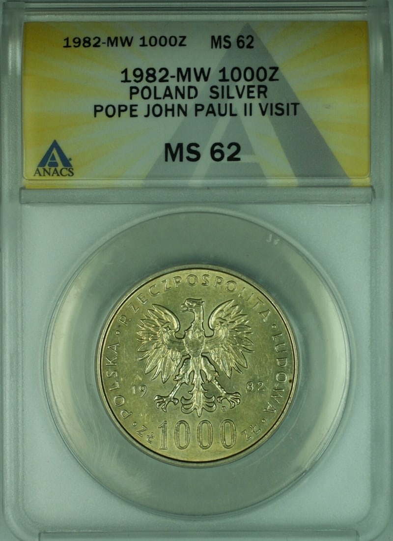 Poland 1000 Zlotych Silver 1982 John Paul II Visit ANACS MS 62 Coin: Poland 1000 Zlotych Silver 1982 John Paul II Visit ANACS MS 62 Coin This 1982 Poland 1000 Zlotych silver commemorative coin marks the visit of Pope John Paul II. Certified by ANACS with a grade of MS