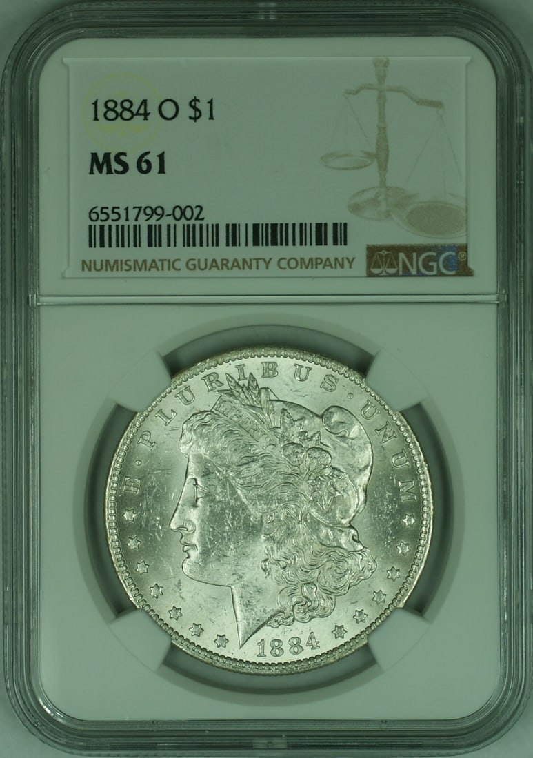 NGC MS-61 1884-O Morgan Dollar Silver Coin from New Orleans Mint: NGC MS-61 1884-O Morgan Dollar Silver Coin from New Orleans Mint This 1884-O Morgan Silver Dollar is an uncirculated coin, graded MS 61 by NGC. Minted in New Orleans, it features the classic Morgan de