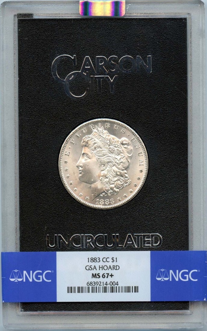 1883-CC Morgan Dollar GSA Hoard NGC MS67+ Uncirculated: 1883-CC Morgan Dollar GSA Hoard NGC MS67+ Uncirculated Invest in a piece of history with this stunning 1883-CC Morgan Dollar, certified by NGC with a remarkable MS67+ grade. This uncirculated coin, mi