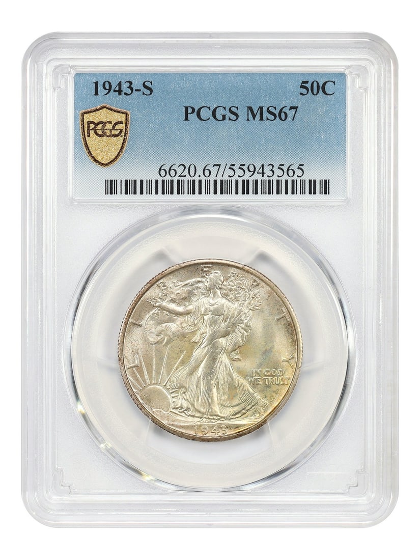 PCGS MS67 1943-S Walking Liberty Half Dollar San Francisco Mint: PCGS MS67 1943-S Walking Liberty Half Dollar San Francisco Mint This 1943-S Walking Liberty Half Dollar is a premium gem graded MS67 by PCGS. It features bright golden surfaces, vibrant mint luster, a