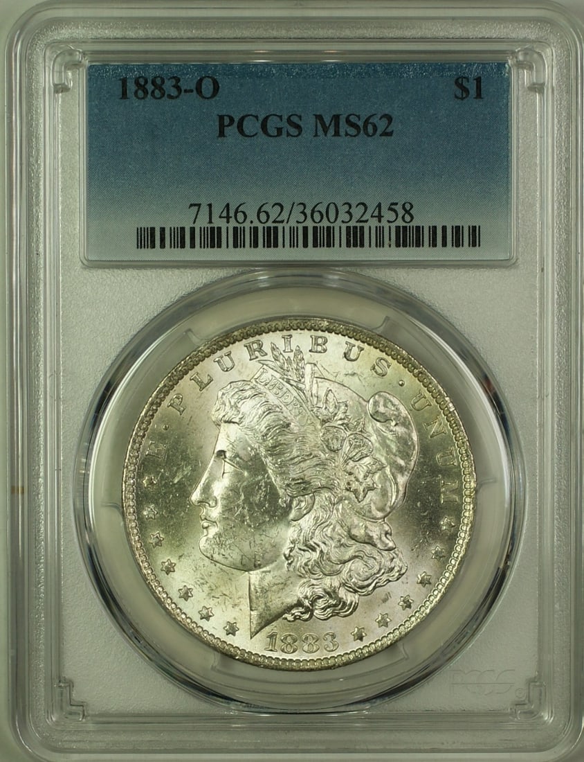 PCGS MS62 1883-O Morgan Dollar Silver Coin from New Orleans Mint: PCGS MS62 1883-O Morgan Dollar Silver Coin from New Orleans Mint This 1883-O Morgan Silver Dollar is a $1 coin from the United States, minted in New Orleans. Certified by PCGS with a grade of MS 62, t