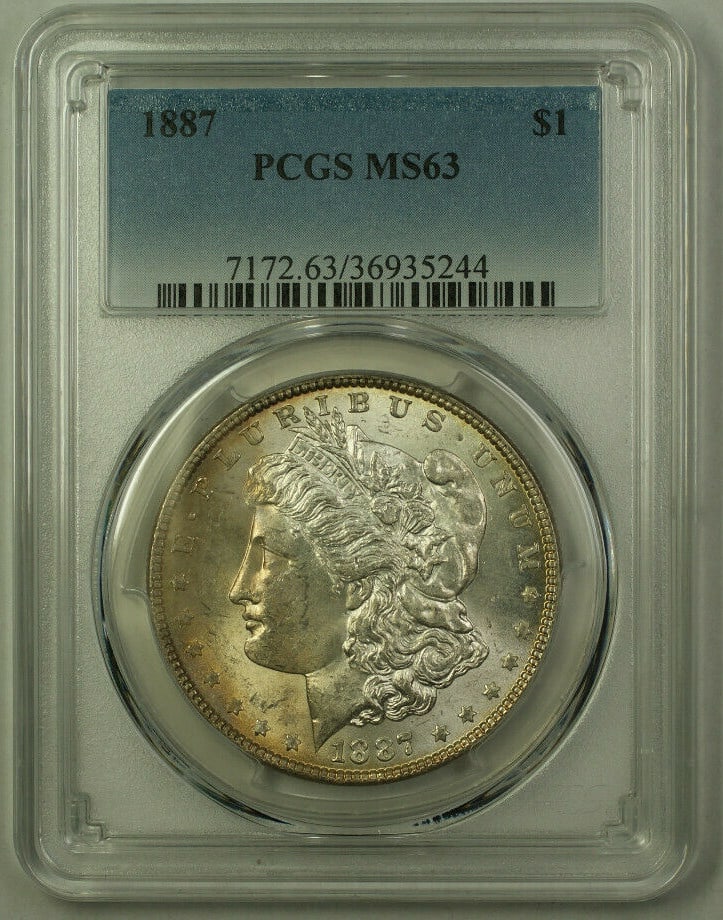 PCGS MS-63 1887 Morgan Dollar Silver Uncirculated $1 Coin Light Tone: PCGS MS-63 1887 Morgan Dollar Silver Uncirculated $1 Coin Light Tone This 1887 Morgan Silver Dollar is certified by PCGS with a grade of MS-63. The coin is lightly toned and remains uncirculated, maki
